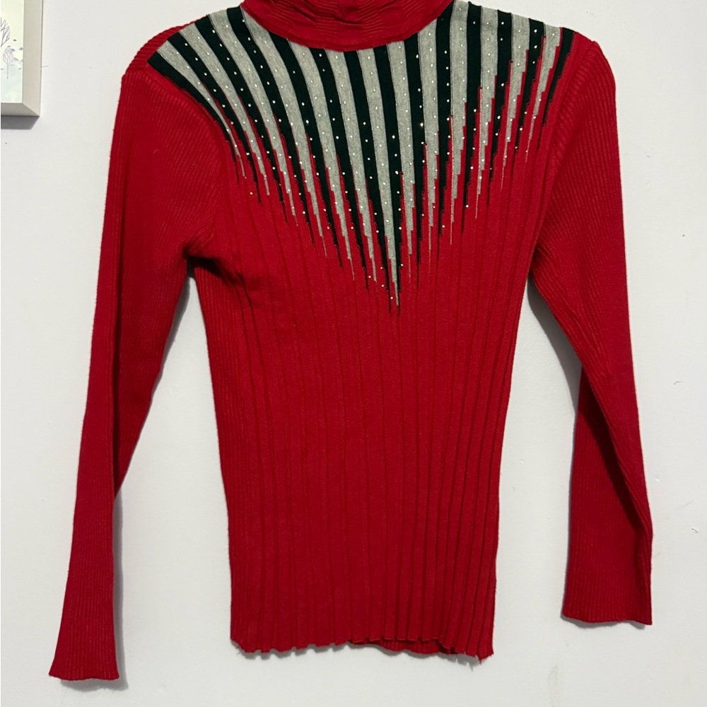Red and Black Ribbed Turtleneck Sweater